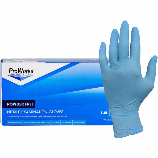 ProWorks NPF Nitrile Powder Free Exam Gloves - Large Size - For Right/Left Hand - Synthetic Nitrile Rubber - Blue - Non-sterile, Latex-free, Odor-free, Puncture Resistant, Tear Resistant, Chemical Res