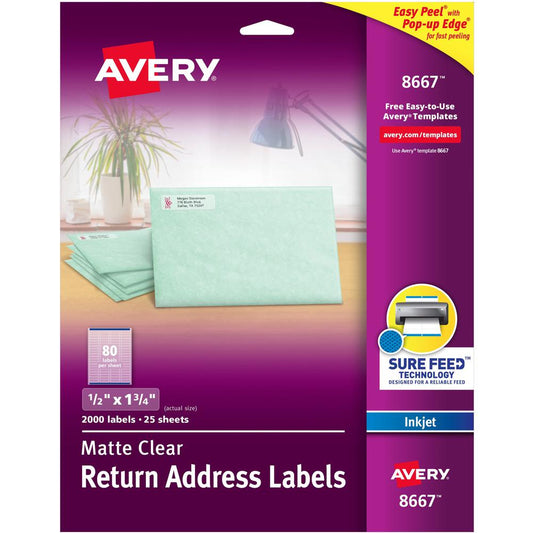 Avery&reg; Easy Peel Inkjet Printer Mailing Labels - 1/2" Width x 1 3/4" Length - Permanent Adhesive - Rectangle - Inkjet - Clear - Film - 80 / Sheet - 25 Total Sheets - 2000 Total Label(s) - 5