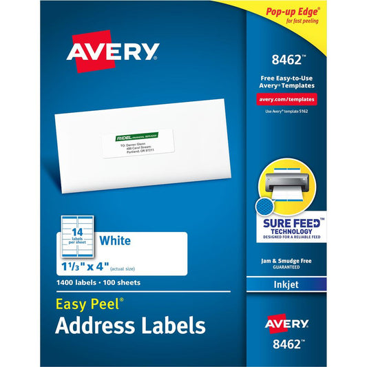 Avery&reg; Easy Peel White Inkjet Mailing Labels - 1 21/64" Width x 4" Length - Permanent Adhesive - Rectangle - Inkjet - White - Paper - 14 / Sheet - 100 Total Sheets - 1400 Total Label(s) - 1400 / B