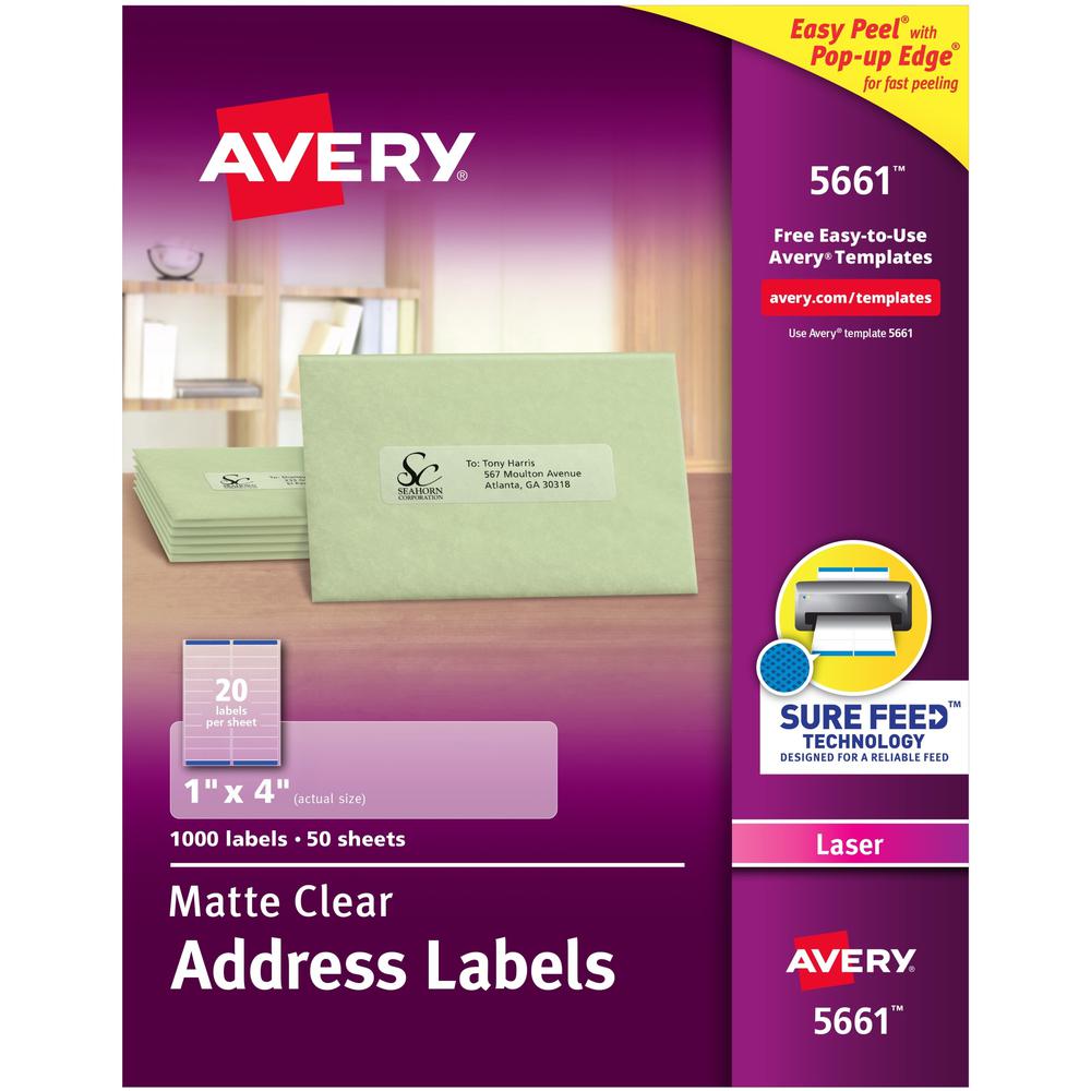 Avery&reg; Easy Peel Return Address Labels - 1" Width x 4" Length - Permanent Adhesive - Rectangle - Laser - Clear - Film - 20 / Sheet - 50 Total Sheets - 1000 Total Label(s) - 1000 / Box