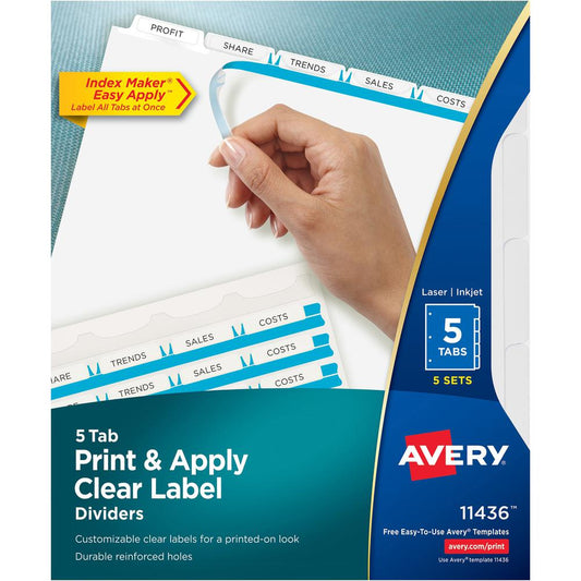 Avery&reg; Print & Apply Clear Label Dividers - Index Maker Easy Apply Label Strip - 25 x Divider(s) - 5 Tab(s)/Set - 8.5" Divider Width x 11" Divider Length - Letter - 3 Hole Punched - Clear Paper Di