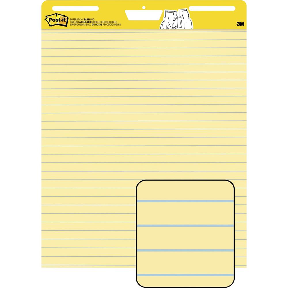 Post-it&reg; Self-Stick Easel Pads with Faint Rule - 30 Sheets - Stapled - Feint Blue Margin - 18.50 lb Basis Weight - 25" x 30" - Yellow Paper - Self-adhesive, Repositionable, Resist Bleed-through, R