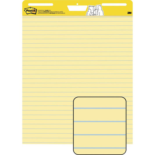 Post-it&reg; Self-Stick Easel Pads with Faint Rule - 30 Sheets - Stapled - Feint Blue Margin - 18.50 lb Basis Weight - 25" x 30" - Yellow Paper - Self-adhesive, Repositionable, Resist Bleed-through, R