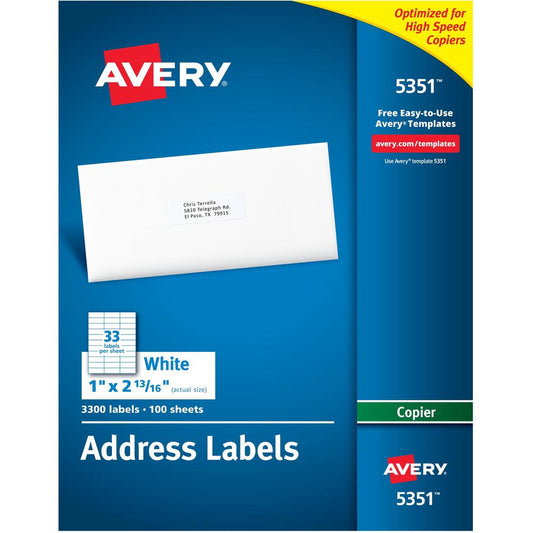 Avery&reg; Copier Address Labels - 1" Width x 2 13/16" Length - Permanent Adhesive - Rectangle - White - Paper - 33 / Sheet - 100 Total Sheets - 3300 Total Label(s) - 3300 / Box