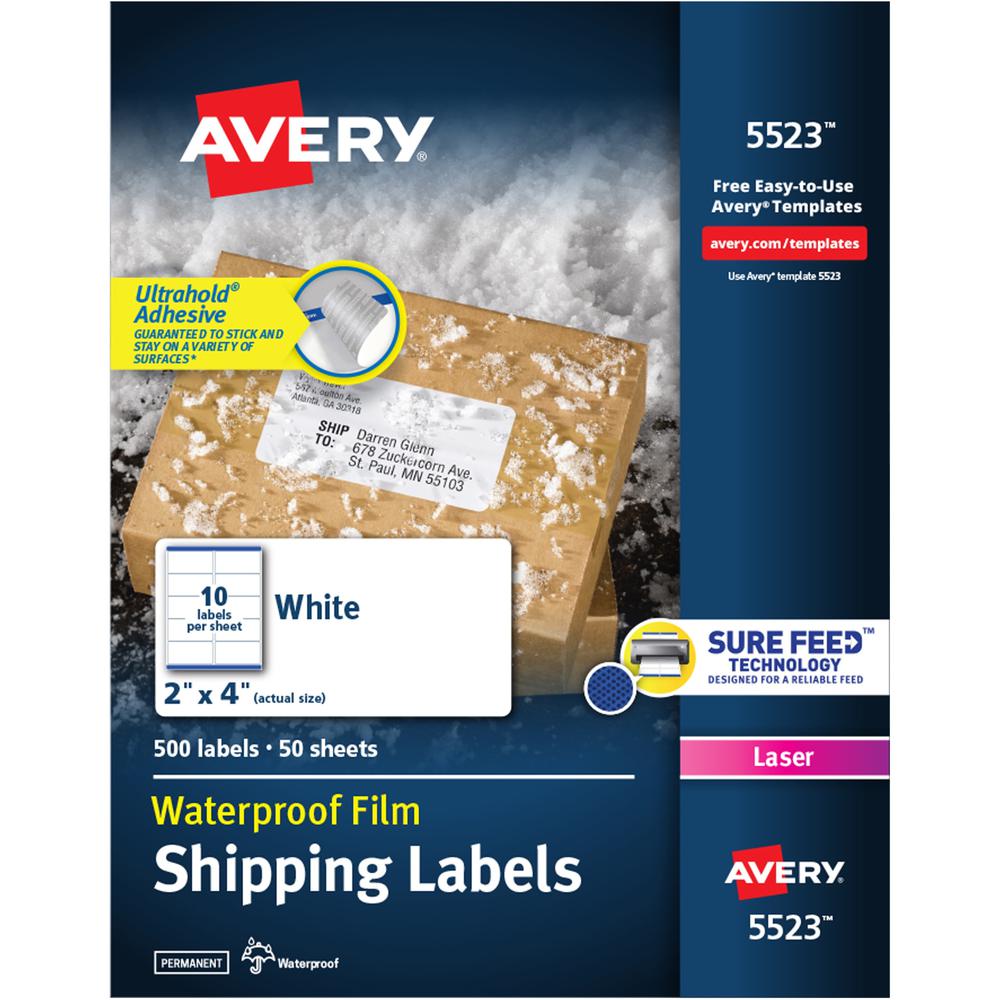 Avery&reg; Waterproof Labels with Ultrahold&reg; Permanent Adhesive, 2" x 4" , Laser, 500 Labels (05523) - Avery&reg; Waterproof Labels, 2" x 4" , 500 Total (05523)