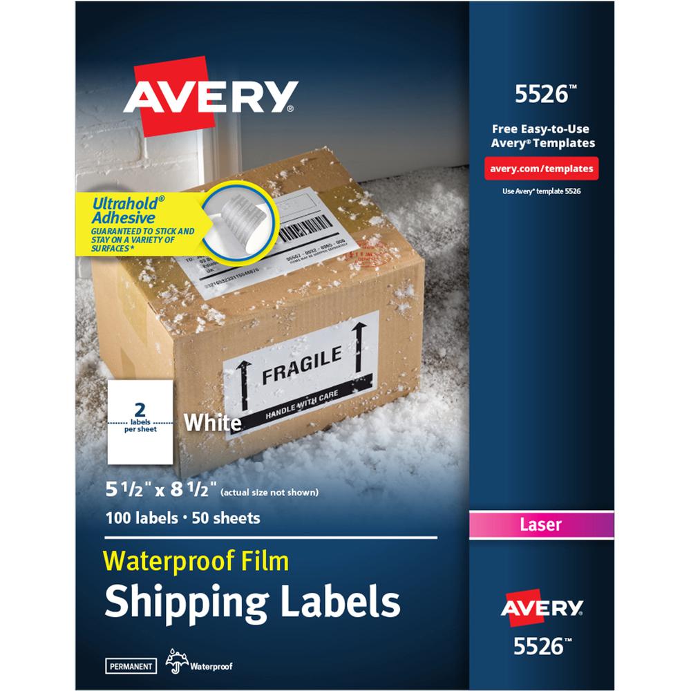 Avery&reg; Waterproof Shipping Labels with Ultrahold&reg; Permanent Adhesive, 5-1/2" x 8-1/2" , 100 Labels for Laser Printers (5526) - Avery&reg; 5-1/2" x 8-1/2" Labels, Ultrahold&reg;, 100 Labels (55