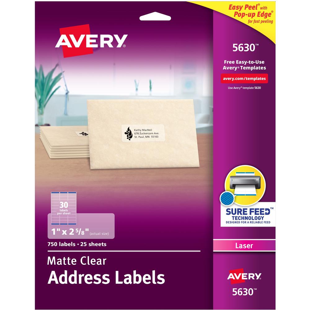 Avery&reg; Easy Peel Return Address Labels - 1" Width x 2 5/8" Length - Permanent Adhesive - Rectangle - Laser - Clear - Film - 30 / Sheet - 25 Total Sheets - 750 Total Label(s) - 750 / Box