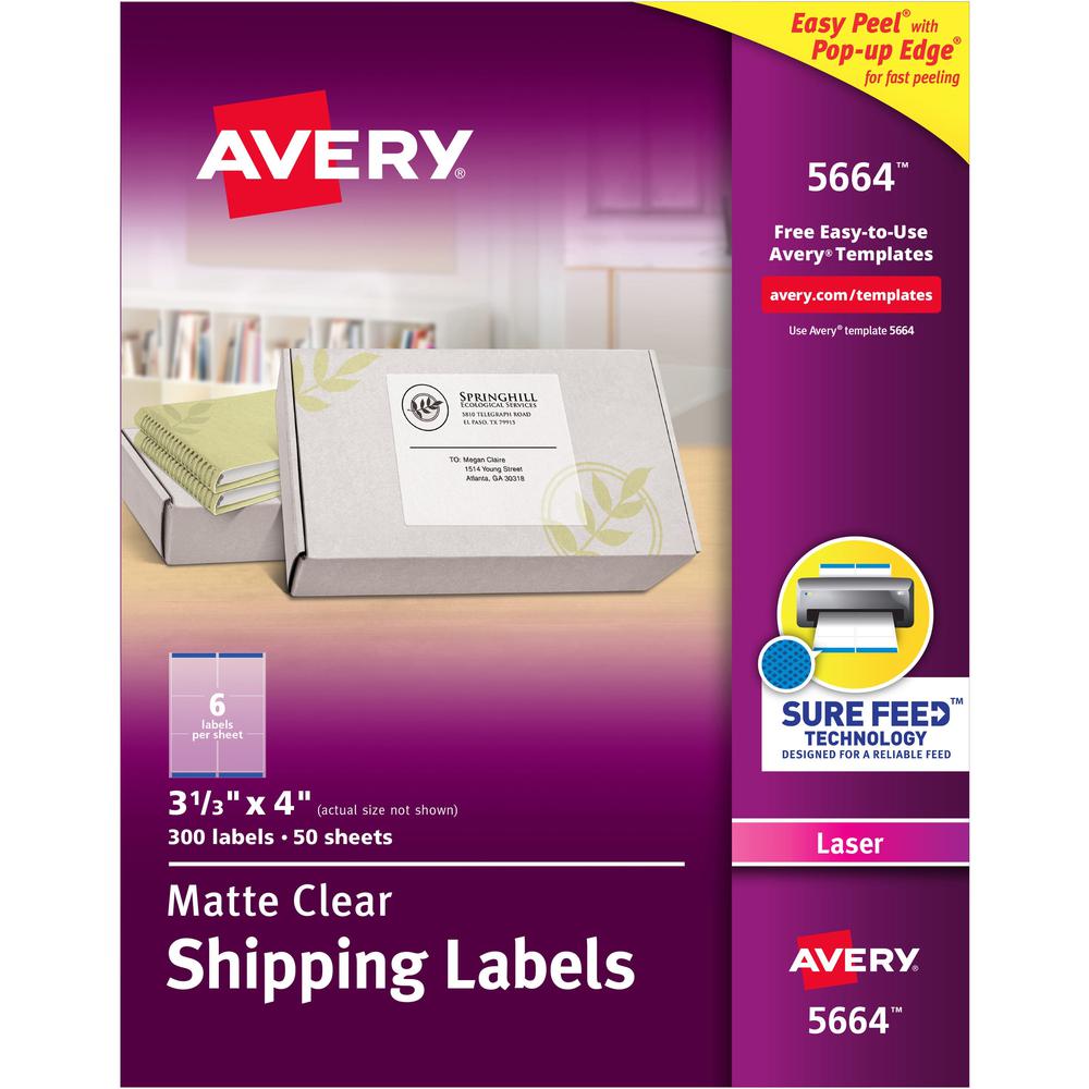 Avery&reg; Matte Clear Shipping Labels, Sure Feed&reg; Technology, Laser, 3-1/3" x 4" , 300 Labels (5664) - Avery&reg; Clear Shipping Labels, Sure Feed, 3-1/3" x 4" 300 Labels (15664)