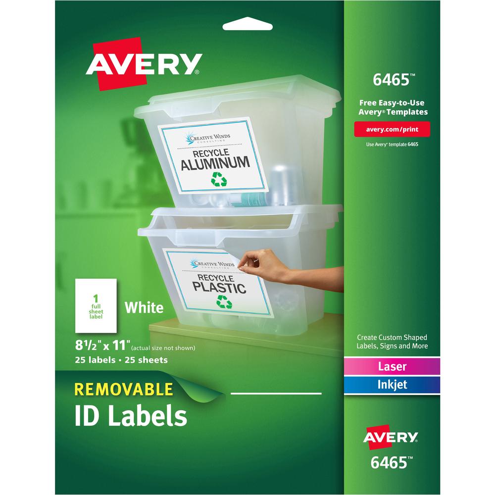 Avery&reg; ID Label - 8 1/2" Width x 11" Length - Removable Adhesive - Rectangle - Laser, Inkjet - White - Paper - 1 / Sheet - 25 Total Sheets - 25 Total Label(s) - 5