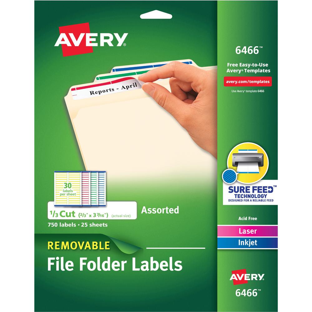 Avery&reg; Removable Laser/Inkjet Filing Labels - 21/32" Width x 3 7/16" Length - Removable Adhesive - Rectangle - Laser, Inkjet - Blue, Green, Red, White, Yellow - Paper - 30 / Sheet - 25 Total Sheet