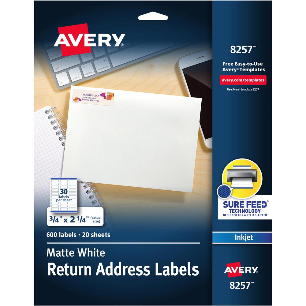 Avery&reg; White Return Address Label , Sure Feed&reg; Technology, Permanent Adhesive, 3/4" x 2-1/4" , 600 Labels (8257) - Avery&reg; White Return Address Labels, Sure Feed&reg;, 3/4" x 2-1/4" , 600 L