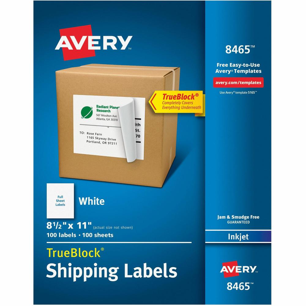 Avery&reg; Shipping Labels, TrueBlock&reg; Technology, Permanent Adhesive, 8-1/2" x 11" , 100 Labels (8465) - 8 1/2" Width x 11" Length - Permanent Adhesive - Inkjet - White - Paper - 1 / Sheet - 100