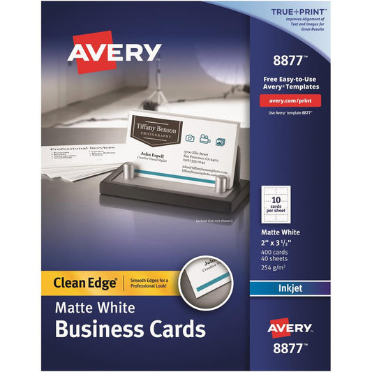 Avery&reg; Clean Edge Business Cards - 110 Brightness - 2" x 3 1/2" - Matte - 400 / Box - Heavyweight, Rounded Corner, Smooth Edge, Jam-free, Smudge-free, Double-sided - White