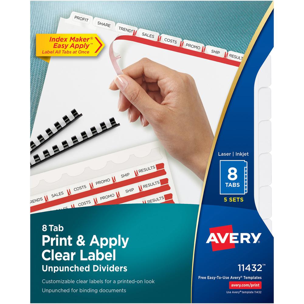 Avery&reg; Print & Apply Label Unpunched Dividers - Index Maker Easy Apply Label Strip - 40 x Divider(s) - 8 Blank Tab(s) - 8 Tab(s)/Set - 8.5" Divider Width x 11" Divider Length - Letter - White Pape