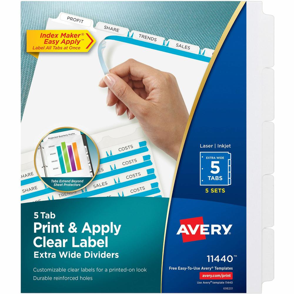 Avery&reg; Index Maker Index Divider - 25 x Divider(s) - Print-on Tab(s) - 5 - 5 Tab(s)/Set - 9.3" Divider Width x 11.25" Divider Length - 3 Hole Punched - White Paper Divider - White Paper Tab(s) - 5