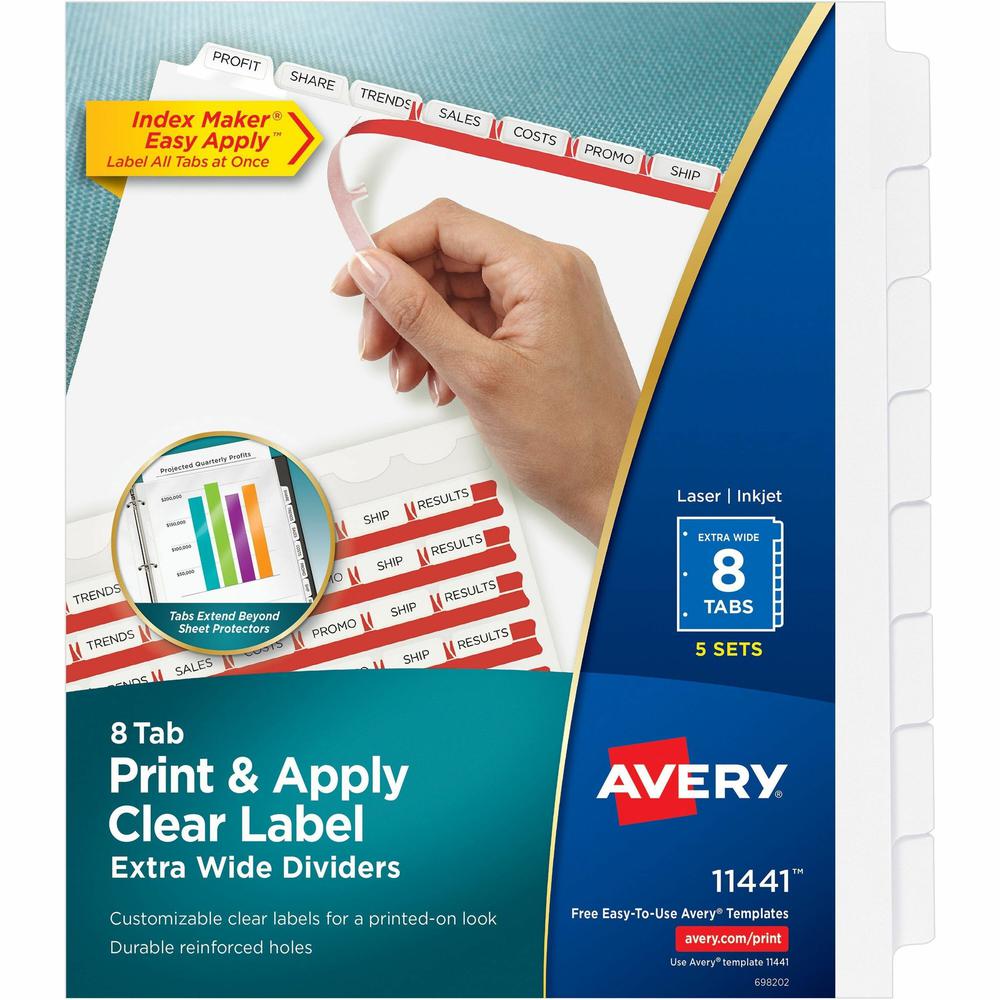 Avery&reg; Index Maker Index Divider - 40 x Divider(s) - Print-on Tab(s) - 8 - 8 Tab(s)/Set - 9.3" Divider Width x 11.25" Divider Length - 3 Hole Punched - White Paper Divider - White Paper Tab(s) - 5