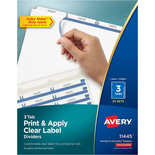 Avery&reg; Print & Apply Clear Label Dividers - Index Maker Easy Apply Label Strip - 75 x Divider(s) - 3 Blank Tab(s) - 3 Tab(s)/Set - 8.5" Divider Width x 11" Divider Length - Letter - 3 Hole Punched