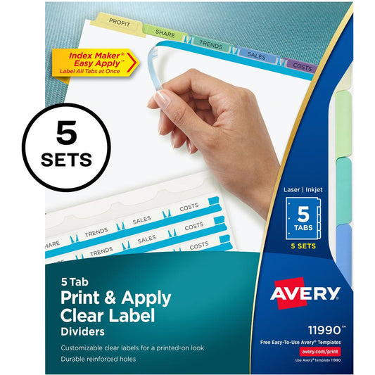 Avery&reg; Index Maker Index Divider - 25 x Divider(s) - Print-on Tab(s) - 5 - 5 Tab(s)/Set - 8.5" Divider Width x 11" Divider Length - 3 Hole Punched - White Paper Divider - Multicolor Paper Tab(s) -