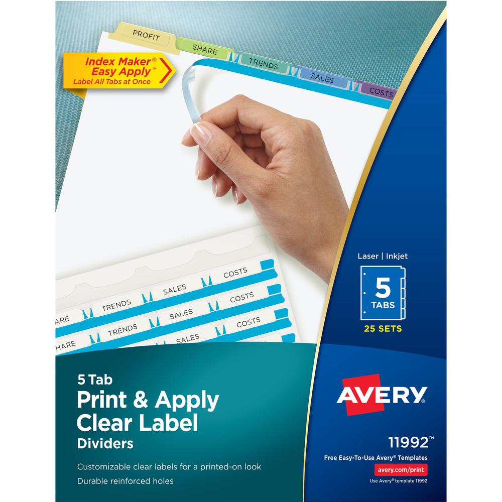 Avery&reg; Index Maker Index Divider - 125 x Divider(s) - Print-on Tab(s) - 5 - 5 Tab(s)/Set - 8.5" Divider Width x 11" Divider Length - 3 Hole Punched - White Paper Divider - Multicolor Paper Tab(s)