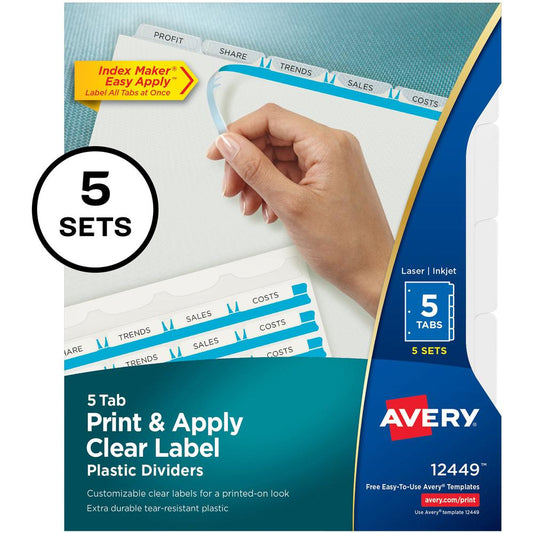 Avery&reg; Index Maker Index Divider - 25 x Divider(s) - Print-on Tab(s) - 5 - 5 Tab(s)/Set - 8.5" Divider Width x 11" Divider Length - 3 Hole Punched - Translucent Plastic Divider - Frosted Clear Pla