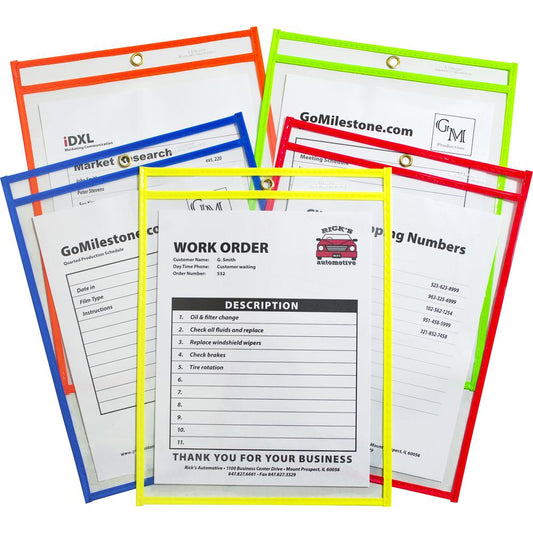 C-Line Neon Shop Ticket Holders, Stitched - Assorted, 5 Colors, Both Sides Clear, 9 x 12, 25/BX, 43910