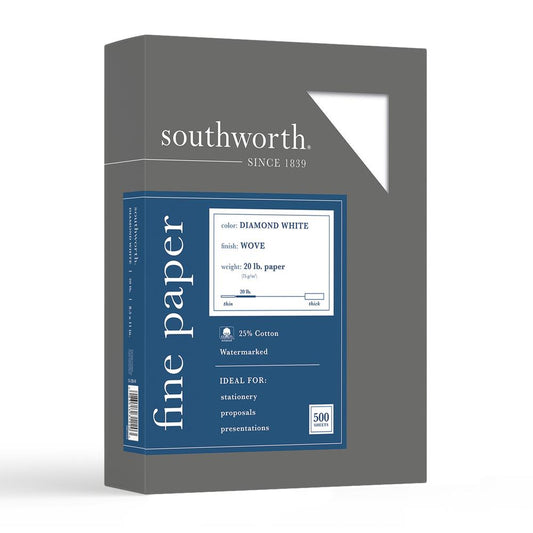 Southworth Diamond White Business Paper - Letter - 8 1/2" x 11" - 20 lb Basis Weight - Wove - 500 / Box - Acid-free, Watermarked - Diamond White