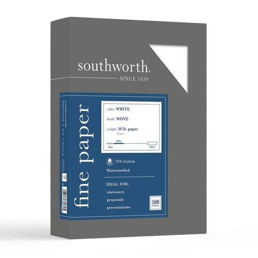 Southworth Business Paper - Letter - 8 1/2" x 11" - 20 lb Basis Weight - Wove - 500 / Box - Watermarked, Acid-free, Date-coded, Lignin-free - White