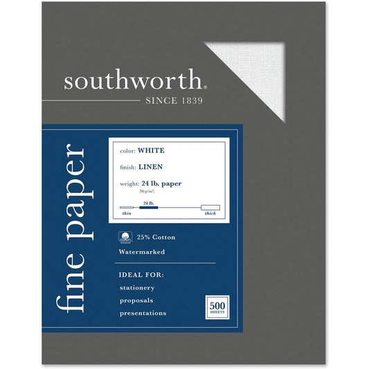 Southworth Business Paper - Letter - 8 1/2" x 11" - 24 lb Basis Weight - Linen - 500 / Box - Acid-free, Watermarked, Date-coded - White