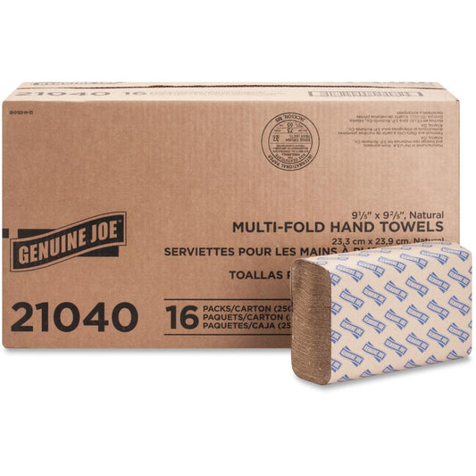 Genuine Joe Multifold Natural Towels - 1 Ply - Multifold - 9.25" x 9.40" - Natural - Paper - Chlorine-free, Interfolded, Embossed - For Restroom, Public Facilities, Commercial, Office, Breakroom, Kitc