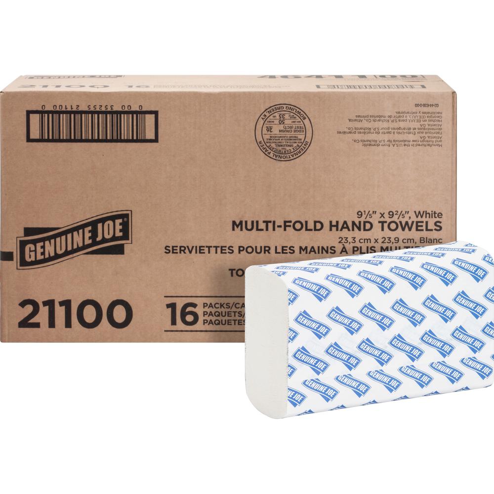 Genuine Joe Multifold Towels - 1 Ply - Multifold - 9.20" x 9.40" - White - Interfolded, Embossed, Anti-contamination, Chlorine-free, Absorbent, Moisture Resistant - For Restroom, Public Facilities, Wa