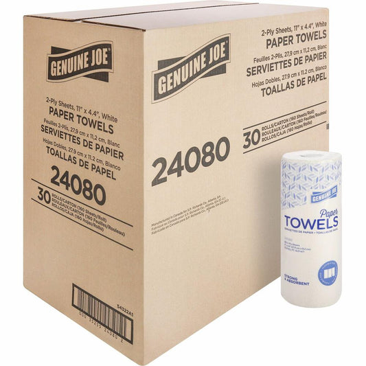 Genuine Joe Kitchen Roll Flexible Size Towels - 2 Ply - 1.63" Core - White - Flexible, Perforated, Absorbent, Soft - For Kitchen, Multipurpose - 30 / Carton