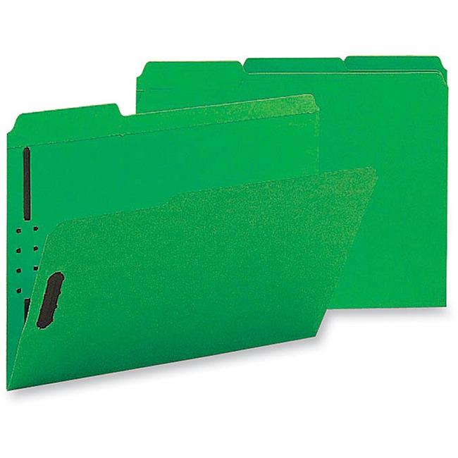 Business Source 1/3 Tab Cut Letter Recycled Fastener Folder - 8 1/2" x 11" - 3/4" Expansion - 2 Fastener(s) - 2" Fastener Capacity - Top Tab Location - Assorted Position Tab Position - Green - 10% Rec