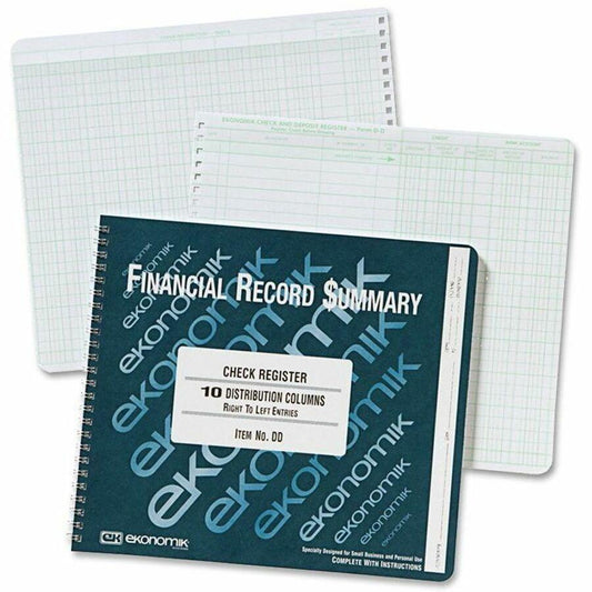 Ekonomik Check Register Forms - 40 Sheet(s) - Wire Bound - 10" x 8.75" Sheet Size - 10 Columns per Sheet - White Sheet(s) - Green Print Color - Recycled - 1 Each