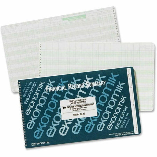 Ekonomik Standard Size Triple Function Check Registry - 40 Sheet(s) - Wire Bound - 14.75" x 8.75" Sheet Size - 18 Columns per Sheet - White Sheet(s) - Green Print Color - Recycled - 1 Each