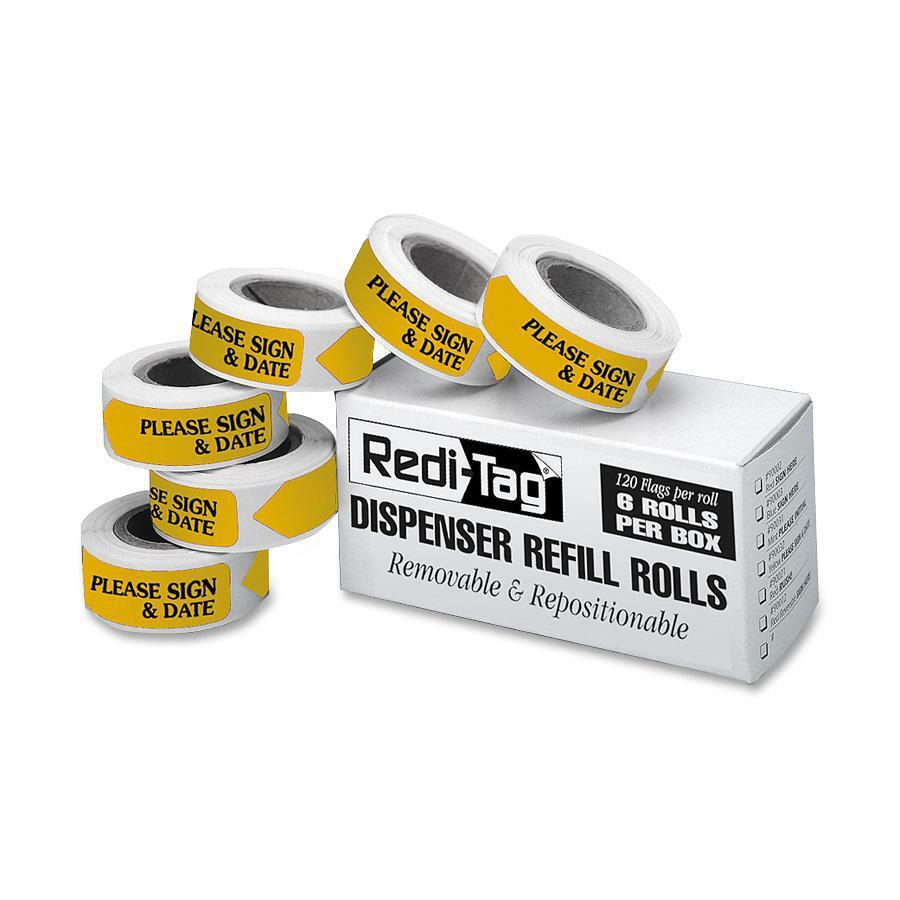 Redi-Tag Sign/Date Tags Refills - 720 x Yellow - 1.88" x 0.56" - Arrow - "Please Sign & Date" - Yellow - Removable, Self-adhesive - 6 / Box