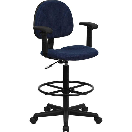 Navy Blue Patterned Fabric Drafting Chair with Adjustable Arms (Cylinders: 22.5''-27''H or 26''-30.5''H)