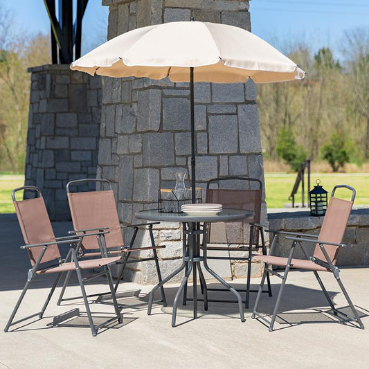 Nantucket 6 Piece Brown Patio Garden Set with Table, Tan Umbrella and 4 Folding Chairs