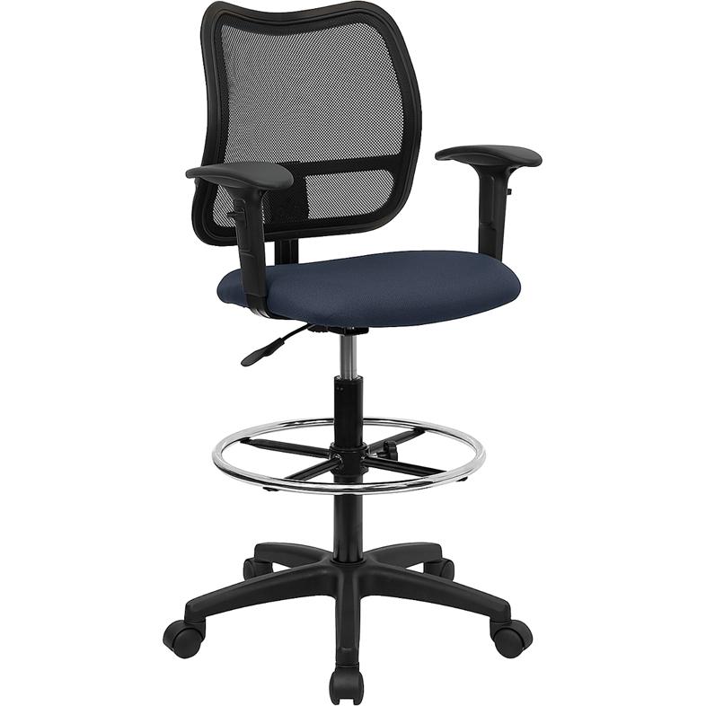 Mid-Back Navy Blue Mesh Drafting Chair with Adjustable Arms