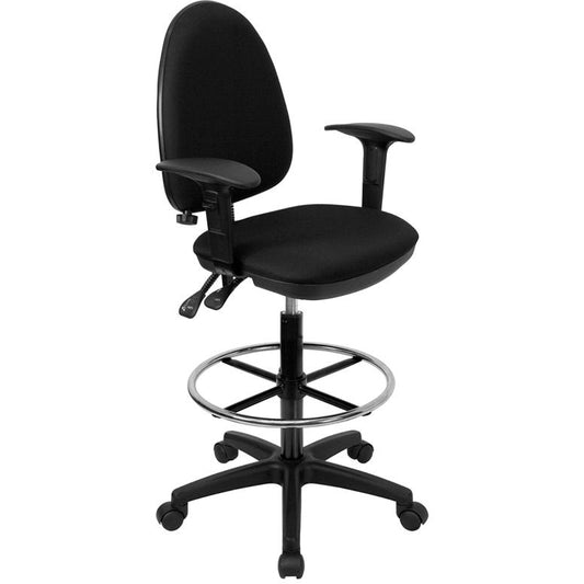 Black Fabric Ergonomic Drafting Chair-Adjustable Lumbar Support, Adjustable Arms