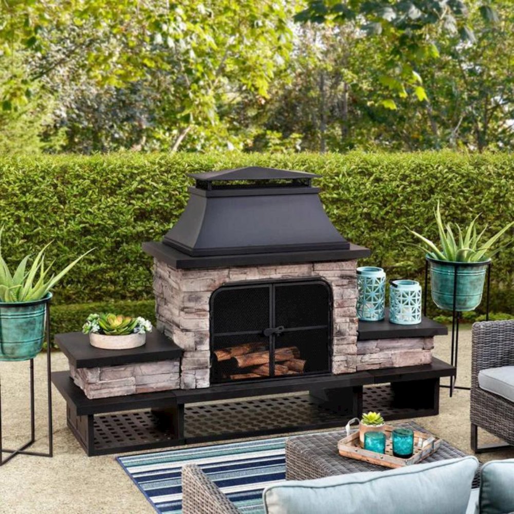 Sunjoy Outdoor Patio Wood Burning Fireplace with Steel Chimney