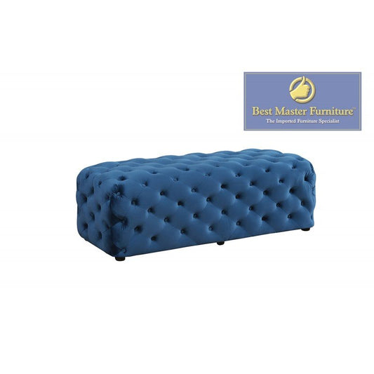 Best Master Furniture Parisa 53" Rectangular Tufted Velvet Ottoman in Blue