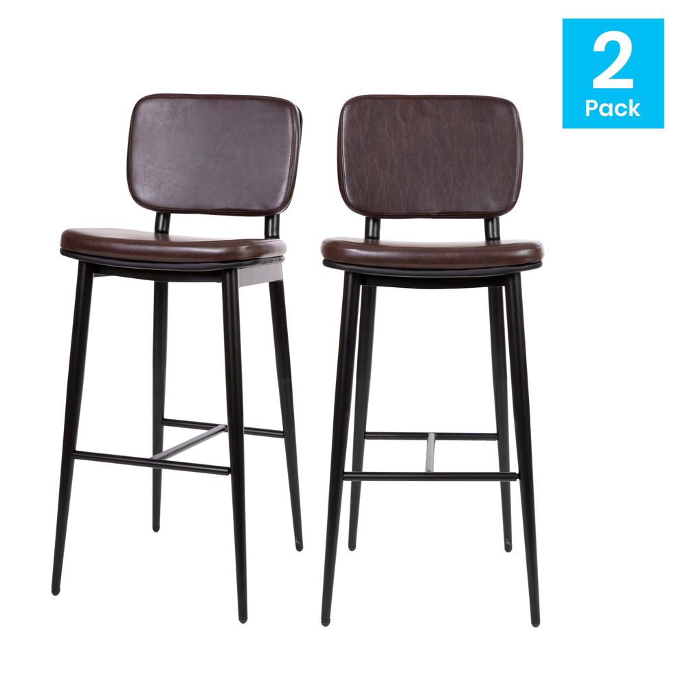 Kenzie Commercial Grade Mid-Back Barstools - Brown LeatherSoft Upholstery - Black Iron Frame with Integrated Footrest - Set of 2