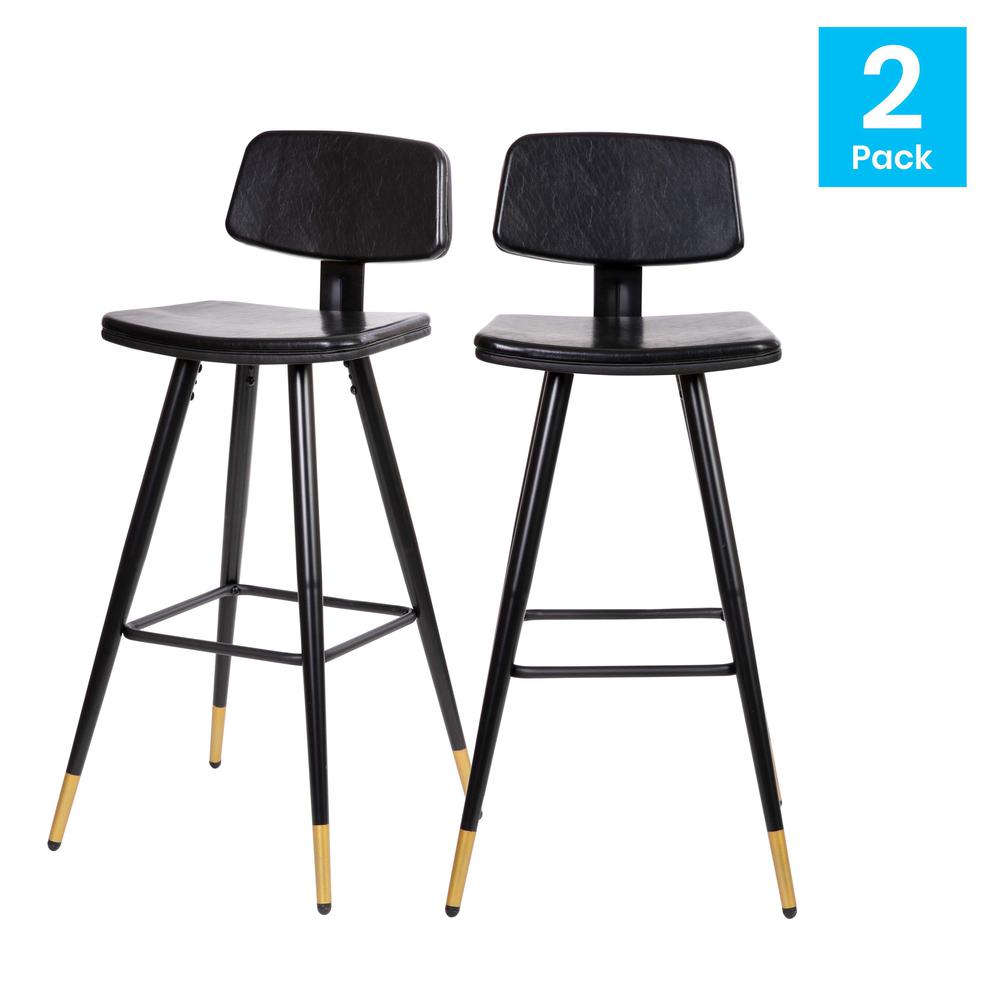 Kora Commercial Grade Low Back Barstools-Black LeatherSoft Upholstery-Black Iron Frame-Integrated Footrest-Gold Tipped Legs-Set of 2