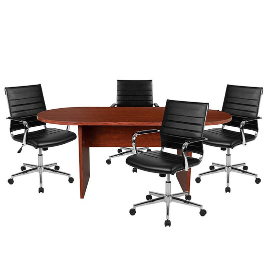 5 Piece Cherry Oval Conference Table Set with 4 Black LeatherSoft Ribbed Executive Chairs