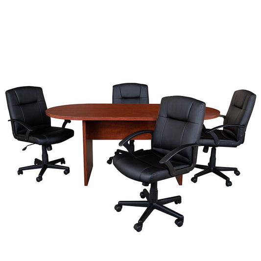 5 Piece Cherry Oval Conference Table Set with 4 Black LeatherSoft-Padded Task Chairs