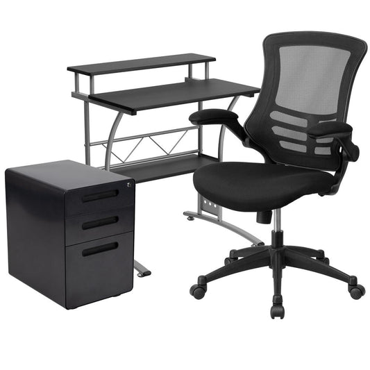 Work From Home Kit - Black Computer Desk, Ergonomic Mesh Office Chair and Locking Mobile Filing Cabinet with Inset Handles