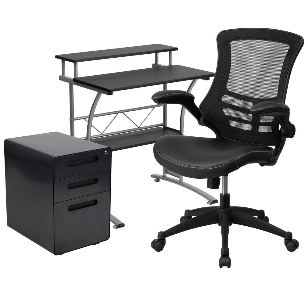 Work From Home Kit - Black Computer Desk, Ergonomic Mesh/LeatherSoft Office Chair and Locking Mobile Filing Cabinet