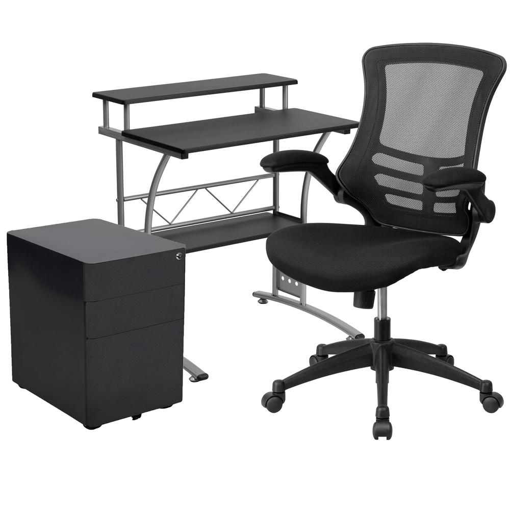 Work From Home Kit - Black Computer Desk, Ergonomic Mesh Office Chair and Locking Mobile Filing Cabinet with Side Handles