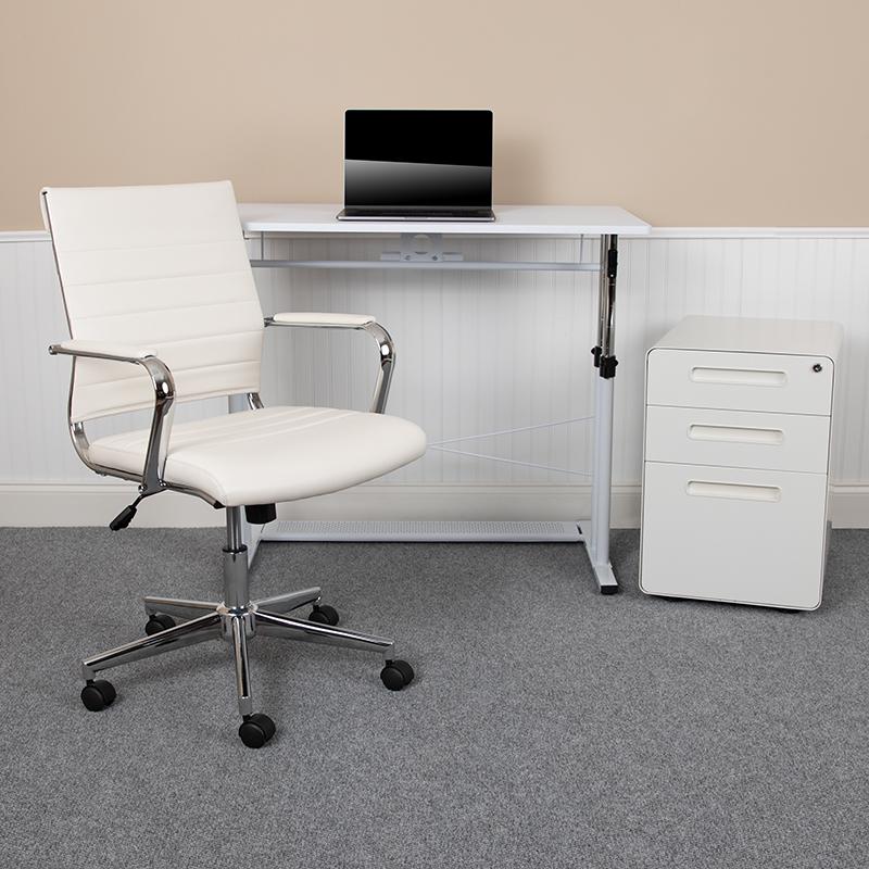 Work From Home Kit - White Adjustable Computer Desk, LeatherSoft Office Chair and Inset Handle Locking Mobile Filing Cabinet