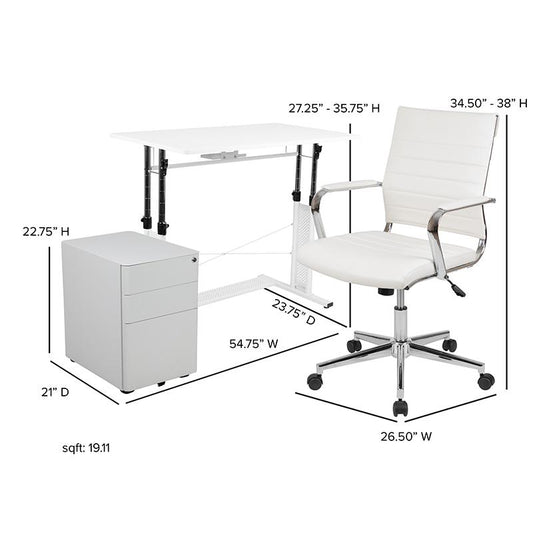 Work From Home Kit - White Adjustable Computer Desk, LeatherSoft Office Chair and Side Handle Locking Mobile Filing Cabinet